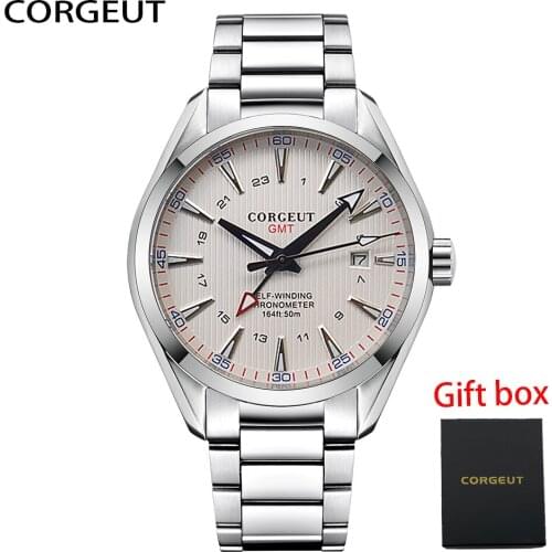 CORGEUT 41MM Men Watches Business Mechanical Watch GMT Mens Stainless Steel Band Waterproof Date Wristwatches Relogio Masculino