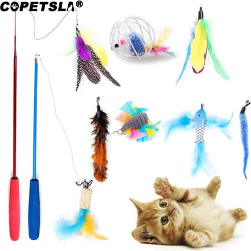Copetsla 10PCS Cat Toy Teaser Bell Feather Stretch Fishing Rod Play Wand Interactive Toys Pets Accessories Replacement Heads Set