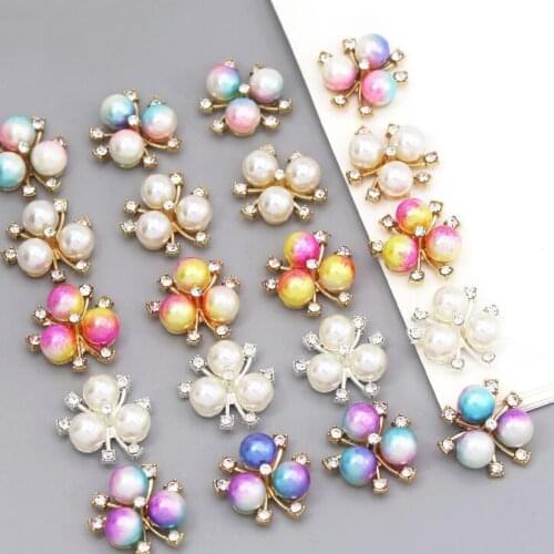10Pcs Flower Pearl Rhinestone Buttons For Craft Flat Back Gems Decorative Buttons Alloy Diamante Crystal Bow Jewelry Accessories