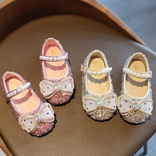 Girls Bling Pearls Mary Janes Shoes For Kids Bridal Shoes String Bead Flower Girls Shoes Bow Crystal Princess Shoes Child Flats
