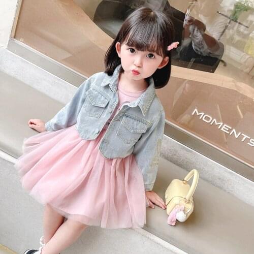 Girls Denim Clothes Jacket + Mesh Dress Clothes For Girls Floral Pattern Big Girls Clothes Embroidery Tracksuit Kids
