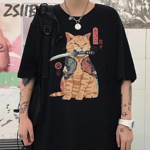 Neko Ramen Vintage Mens tshirt Japan Samurai Cat Anime Print Summer Unisex Short Sleeve HipHop Men/Women T Shirt Streetwear Tops