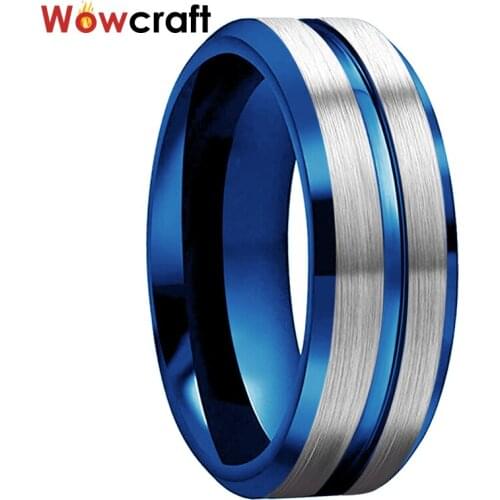 Blue Tungsten Carbide Ring for Men Women 6mm 8mm Engagement Brushed Blue Grooved Wedding Band Rings with Bevel Edges
