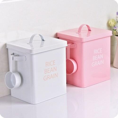 5Kg Tinplate Box Spoon Moistureproof Antirust Sunscreen Washing Powder Bucket Rice Grain Dispenser Pet Food Storage Container
