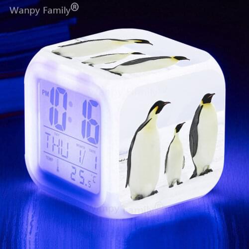 Lovely Penguin Alarm Clock 7 Color Flash LED Digital Alarm Clocks Kids room Night Light electronic watch for childrens gift