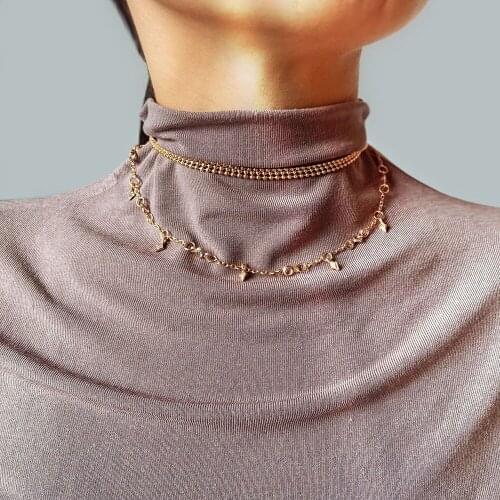 Modyle Gold color Multilayer Chian Choker Necklace Set Pendant for Women Gold Multi Chain love Bohemian on Neck Jewelry