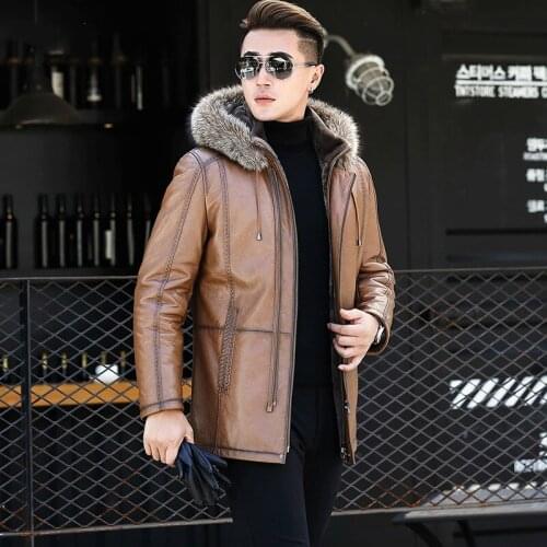 Genuine Cowhide Real Wool Coat Men Shearling Cow Leather Jacket Man Racoon Fur Collar 1971 KJ1166