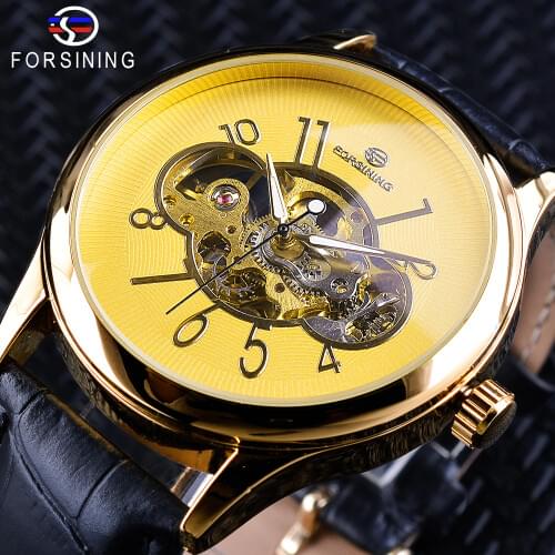 Forsining Royal Golden Skeleton Display Transparent Luminous Hands Open Work Men Clock Top Brand Luxury Mechanical Wristwatches