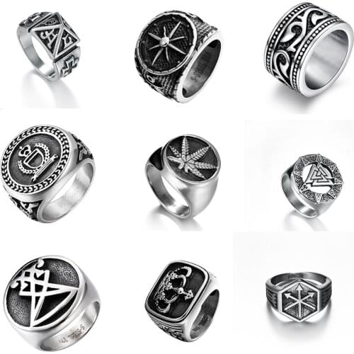Mens Boys Sigil of Lucifer Seal Satan Stainless Steel Ring For Crown Maple Leaf Cross Arrow Rings Men Hiphop/Rock Jewelry