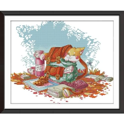 Walking with cat cross stitch kit aida 14ct 11ct count print canvas cross stitches needlework embroidery DIY handmade