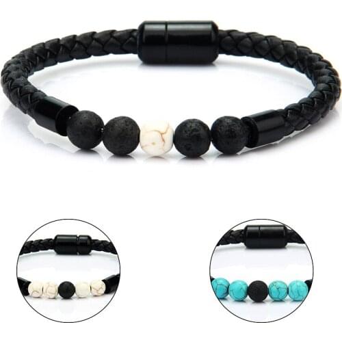 2020 New Fashion Trendy Magnetic Buckle Men Leather Bracelet Natural Volcanic Beaded Men Bracelet Bangle Jewelry Gift pulseras
