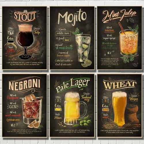 Retro Kraft Paper Poster of Drink Cocktail Mojito Negroni Pale Lager Wheat Mint Julep Vintage Wall Stickers for Room Bar Decor