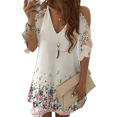 Sexy V Neck Lace Half Sleeve Floral Print Loose Dress Women Causal Off Shoulder Mini Dress Female Sling Party Dresses Plus Size
