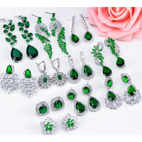 ThreeGraces Vintage Big Water Drop Green Crystal Stone Long Earrings Flower Cubic Zirconia Women Wedding Hanging Earring ER047