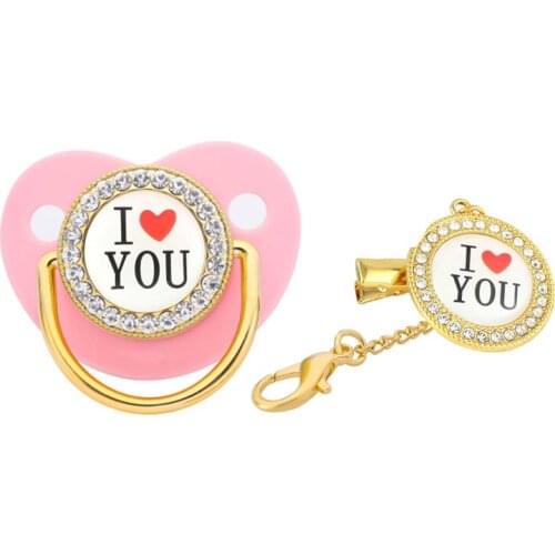 Baby Pacifier Bling Bling I Love You Pacifier With Chain Clip Infant Silicone Orthodontic Dummy Nipple Sleep Soother For Newborn