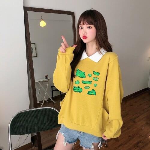 Green Frog Swearshirt Print Oversized Clothes Harajuku Spring Autumn Long Sleeve Pocket Turn-down Collar Kawaii Hoodie for Girls
