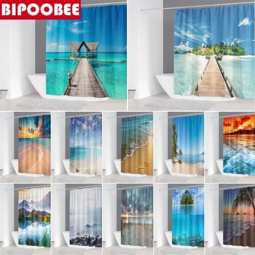 Ocean Beach 3D Shower Curtain Seaside Scenery Fabric Bath Curtains for Bathroom Decor Mildew Proof Durable Bathtub Screen