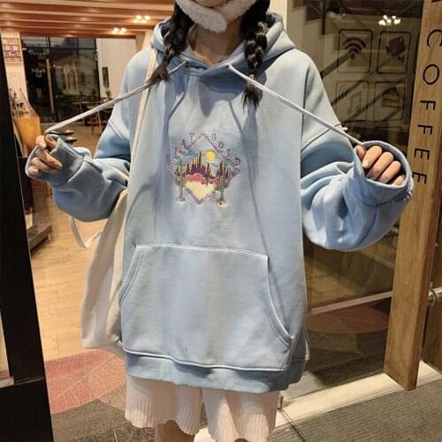 Embroidery Letter Blue Pocket Drawstring Oversized Hoodies Women Coat Fall Winter Thick Korean Tops Casual Students Plus Size