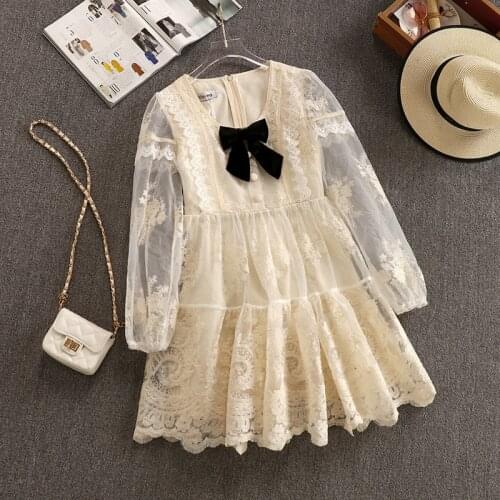 Spring Summer Lace Mini Dresses Elegant Embroidered Bow Puff Sleeve Sweet Girls Ruffles Princess Mini Dress Female Clothes Robes