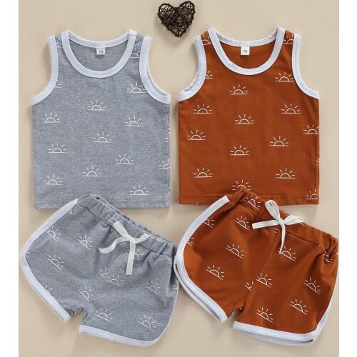 0-4Y Summer Kids Baby Boy Girl Clothes Cartoon Sun Print Sleeveless Top Vest+Drawstring Loose Shorts Summer Sport Tracksuit