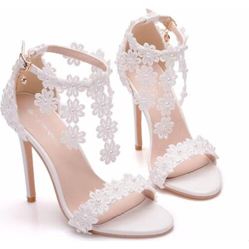 Women Ankle Strap Sandals White Lace Flowers Pearl Tassel Super Heel Fine High Heels Slender Bridal Wedding Shoes