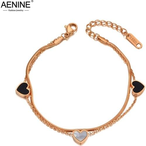 AENINE Original Design Stainless Steel 3Pcs Heart Charm Bracelets For Women Girls Trendy Acrylic & Shell Chain Jewelry AB20076