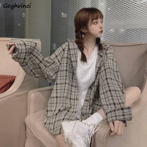 Women Shirts Plaid Casual Turn-down Collar Long Sleeve All-match Female Blouses Loose Vintage Korean Style Ulzzang Retro Chic