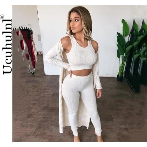 Fashion Basic Ribbed Casual Matching Sets Women Sleeveless Bodycon Solid Sexy 3 Two Piece Outfits Skinny Crop Top and Panst Set