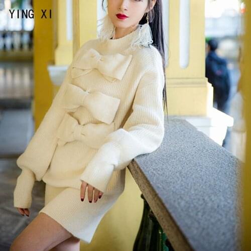YING XI 2020 Spring Casual Turtleneck Bow Women Sweater Long Sleeve Above Knee Mimi Beige Pullovers Dress