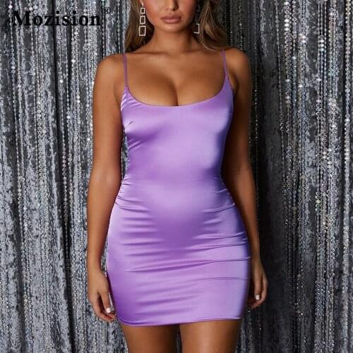 Mozision Satin Spaghetti Strap Backless Mini Dress For Women Purple Summer Sleeveless Bodycon Beach Party Club Dress Vestidos