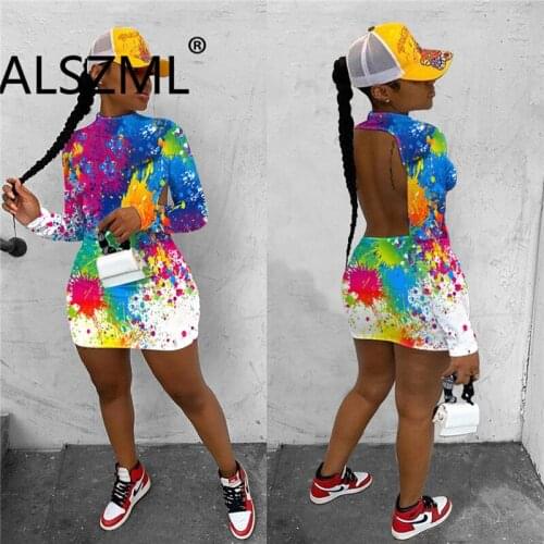 Young party women fashion tie-dye backless long sleeve skinny dress sexy tight club party lady fashion mini dress