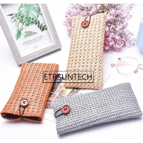 100pcs Retro PP Straw Sunglasses Bag with Button Eyeglass Glasses Storage Carry Bag Portable Eyewear Case Container