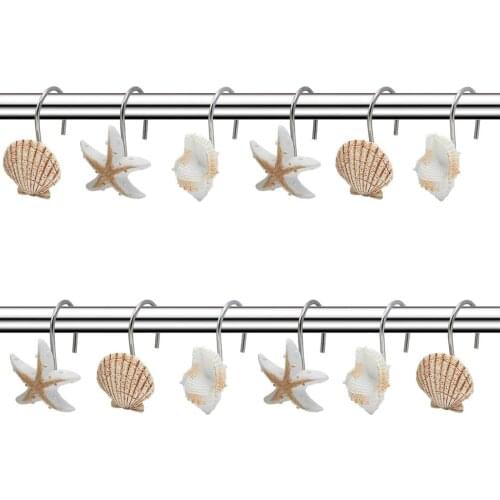 12pcs Resin Decorative Seashell Starfish Shower Curtain Hooks Hanger Rails Home Hotel Bathroom Beach Shell Decor Hook Organizer