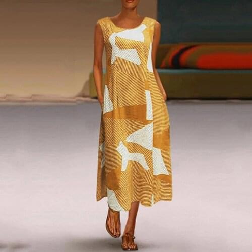 2021 Summer Women Long Dress Ladies Vintage Bohemian Casual Loose Dresses Vestido Sleeveless Beach Sundress Robe Femme Plus Size