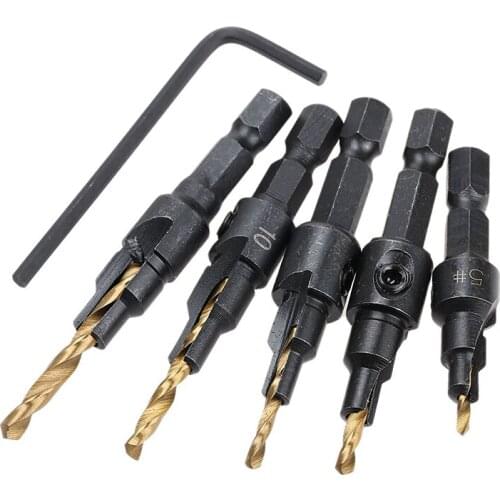 5Pcs #5 #6 #8 #10 #12 HSS Countersink Drill Bit Set Quick Change Hex Shank Screw