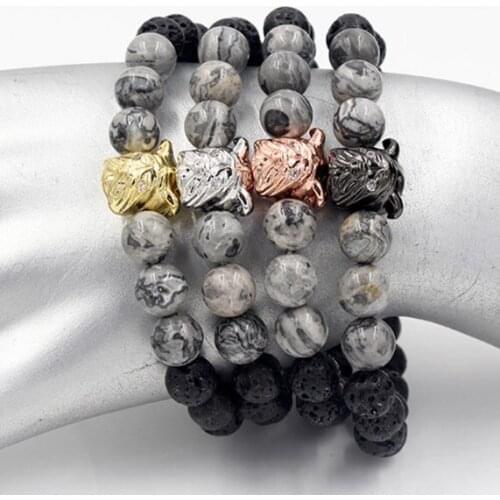 8mm hdg2 gold silver Copper cz zircon cubic zirconia elastic adjusted Charm nature stone hematite skull Bracelet