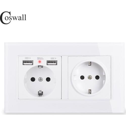 COSWALL Brand 2 Gang Russia Spain EU Standard Wall Socket With 2 USB Charge Port Hidden Soft LED Indicator Crystal Glass Panel