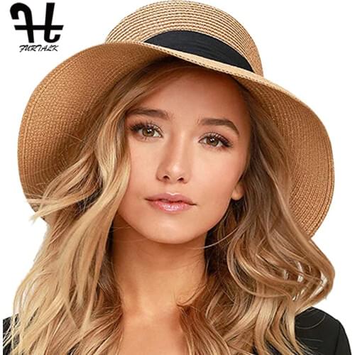 FURTALK Summer Hat for Women Beach Straw Hat Panama Sun Hat Wide Brim Bucket UV Protection Cap with Bow Tie chapeu feminino 2020