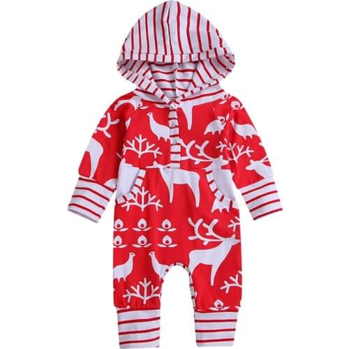 Christmas Newborn Baby Boy Girl Long Sleeve Deer Print Zipper Hooded Romper Jumpsuit Playsuit Outfit Clothes 0-24M