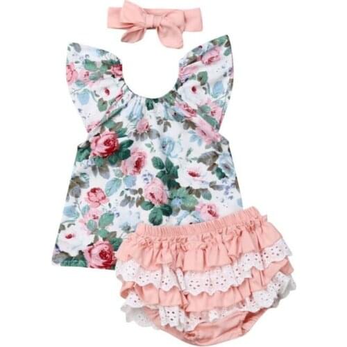 Toddler Kids Baby Girl 0-3Y Clothes Sets Ruffles Short Sleeve Floral Tops PP Shorts Headband Outfits Clothes Set