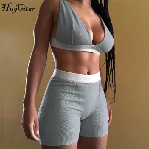 Hugcitar 2020 Sleeve V-Neck Sexy Crop Tank Top Biker Shorts 2 Piece Set Autumn Winter Women Fashion Streetwear Tracksuit