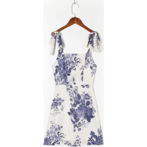 Summer Womens Casual Flower Printed Bowknot Decorated Slim Sling Dress