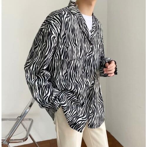 Men Casual Long Sleeve Shirt Mens Zebra Striped Button Down Loose Shirts Tops 2021 Mens Fashion Streetwear Black/Coffee