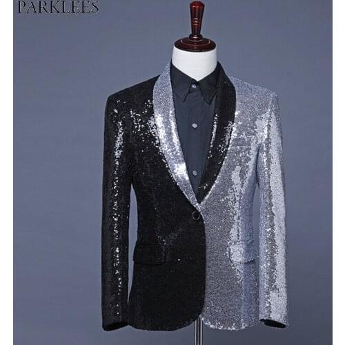 Mens Silver Black Contrast Shiny Sequins Blazer Jacket 2019 Stylish Shawl Collar 1 Button Nightclub Stage Prom Blazer Masculino