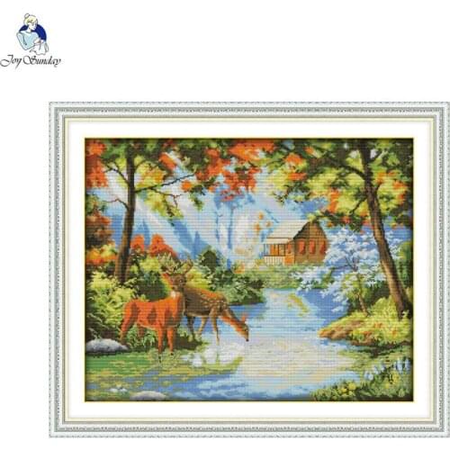 Joy sunday Two deer drink water Cross stitch kits DMC Needlework Embroidery Cross-Stitch DIY Handwork Fabric 14CT and 11CT