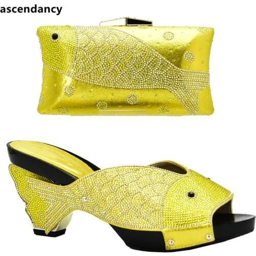 New Arrival Yellow Color Italian Ladies Shoes and Bags To Match Set Decorated with Rhinestone African Women Lady Shoes Bags Set