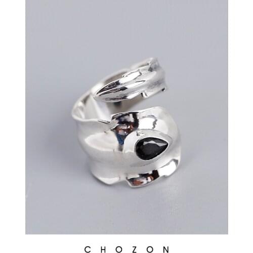 S925 Pure Silver Stackable Leaf Open Resizable Ring Paved with Black Glass Stone Silver Color Ring for Women Fashion Jewelry