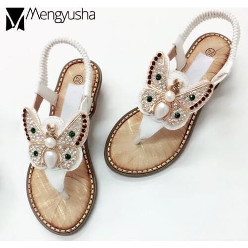 Metal 3d butterfly appliques gladiator sandals women pearl crystal studs beach sandals woman high quality clip toe roman sandals