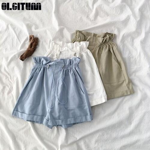 2020 New Summer Womens Elastic Waist Drawstring High Waist Student Flower Bud Wide Leg Shorts Temperament Fashion Casual Shorts