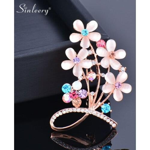 SINLEERY Design Pink Opal Flowers Brooch Enamel Pin Rose Gold Color Tiny Cubic Zirconia Brooch For Women Jewelry XZ018 SSB